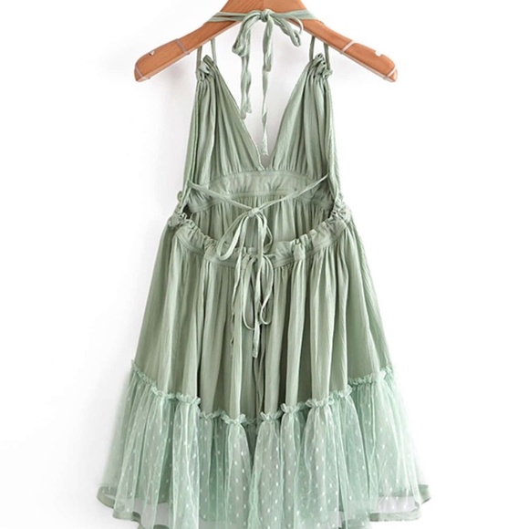 Bohemian Mint Green Backless V Halter Swiss Dot Mini Layered Dress - Picture 3 of 11